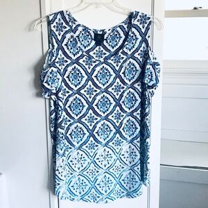 JM COLLECTION Short Sleeve Blouse Blue White Women’s Size XL 1X NWT